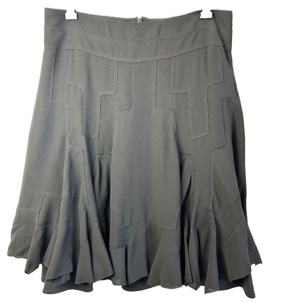 PHI Womens Black Silk A-Line Patchwork-Like Pattern Ruffled Hem Skirt Sz 8/44
